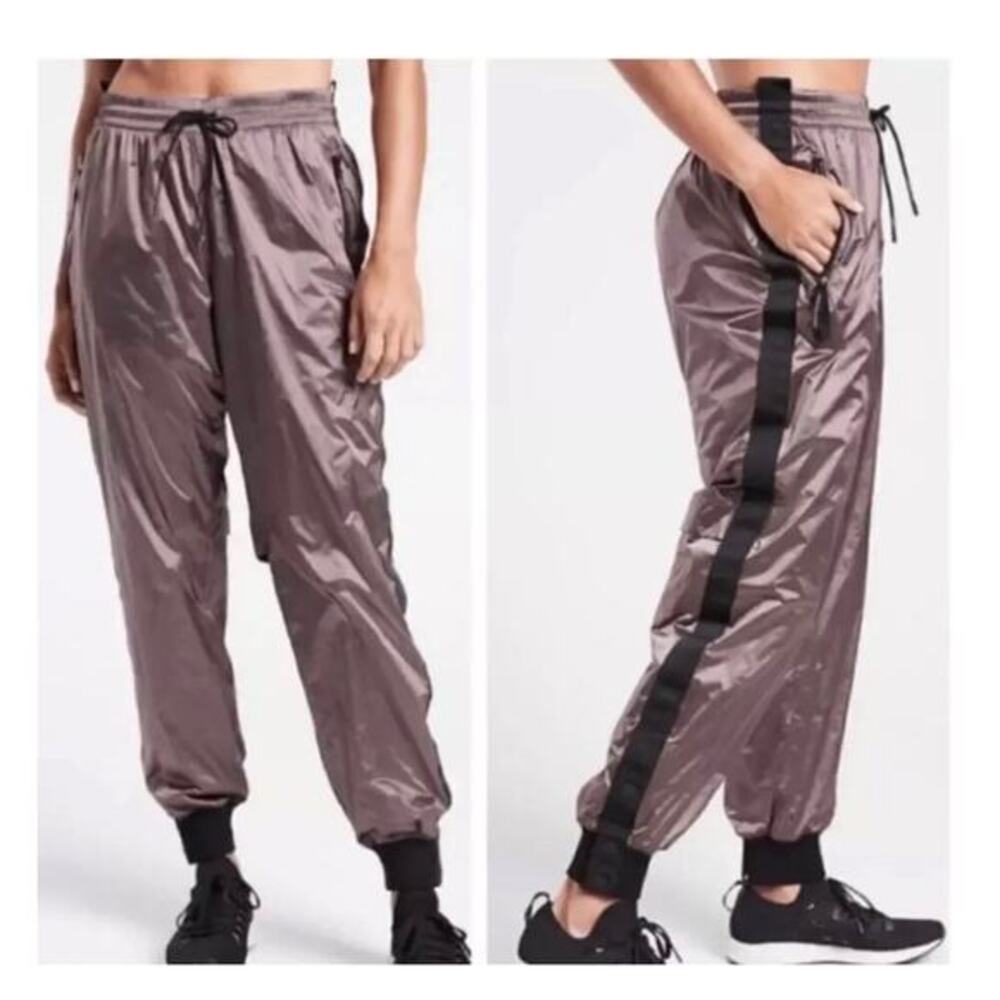Athleta New Allyson Felix Legend Luxe Track Pants Metallic Mauve Joggers S Tall